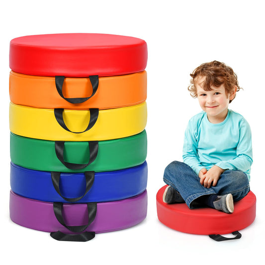 DORTALA 6 PCS Flexible Seating Floor Cushions, PU + EPE Portable Classroom Cushion w/Handles, Stackable Seating Cushions for Classroom, Daycare, Preschool (Rainbow, Round)