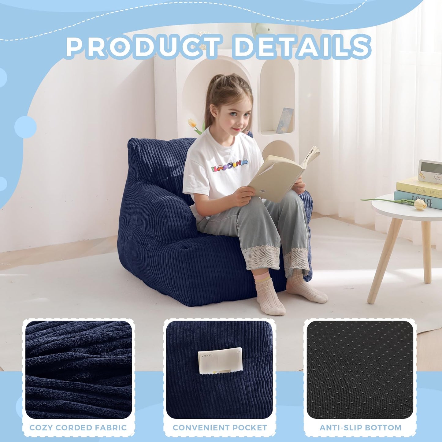 MAXYOYO Kids Bean Bag Chair, Stuffed Toddler Bean Bag Sofa with Filler Cozy for Boys and Girls, Lazy Sofa with Pocket Floor Chair for Gaming, Reading, Navy