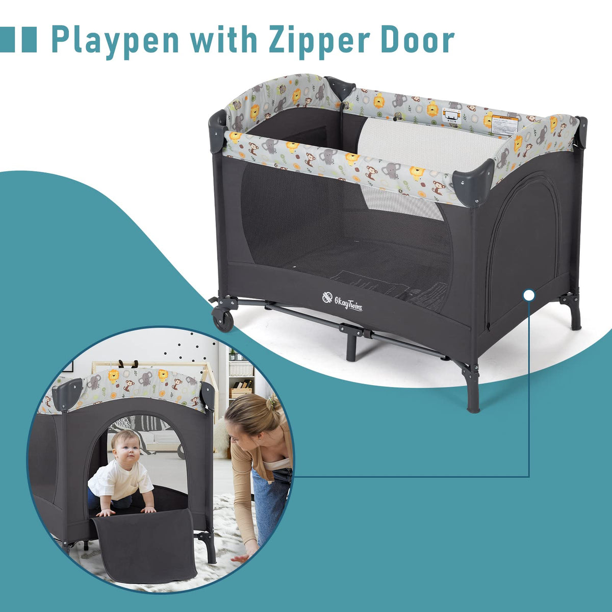 okaytwins Twin Bassinet & Full-Size Infant Bedside Bassinet & Playard for Baby, Includes 2 Removable Rock-A-Bye Portable Bassinets with Storage Bags, Gray