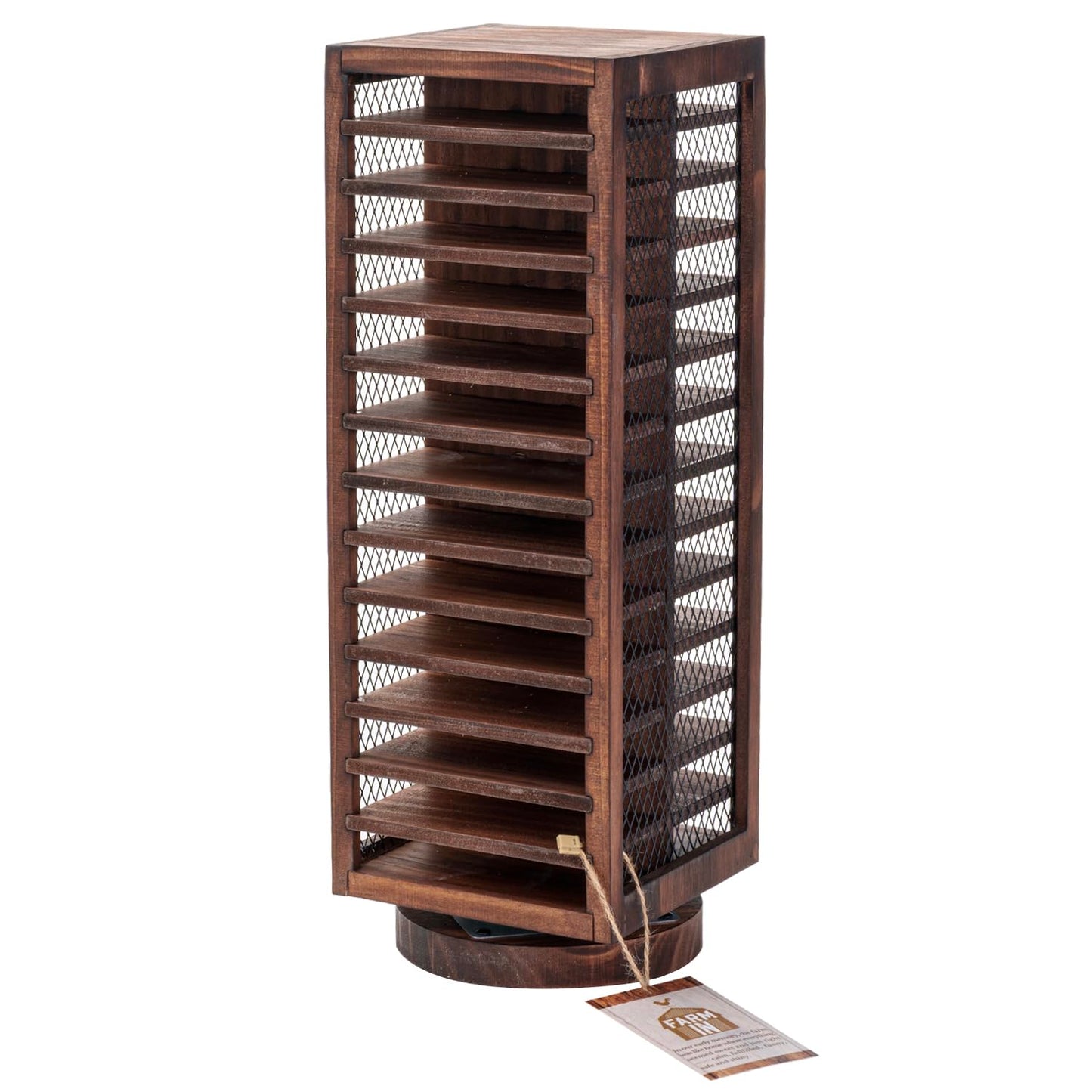FARM IN Cassette Tape Storage, 360-Degree Rotatable Design Farmhouse Style Cassette Rack Tower, Double-Sided 28-Slot, Rustic Solid Burnt Wood & Diamond Metal Wire Mesh