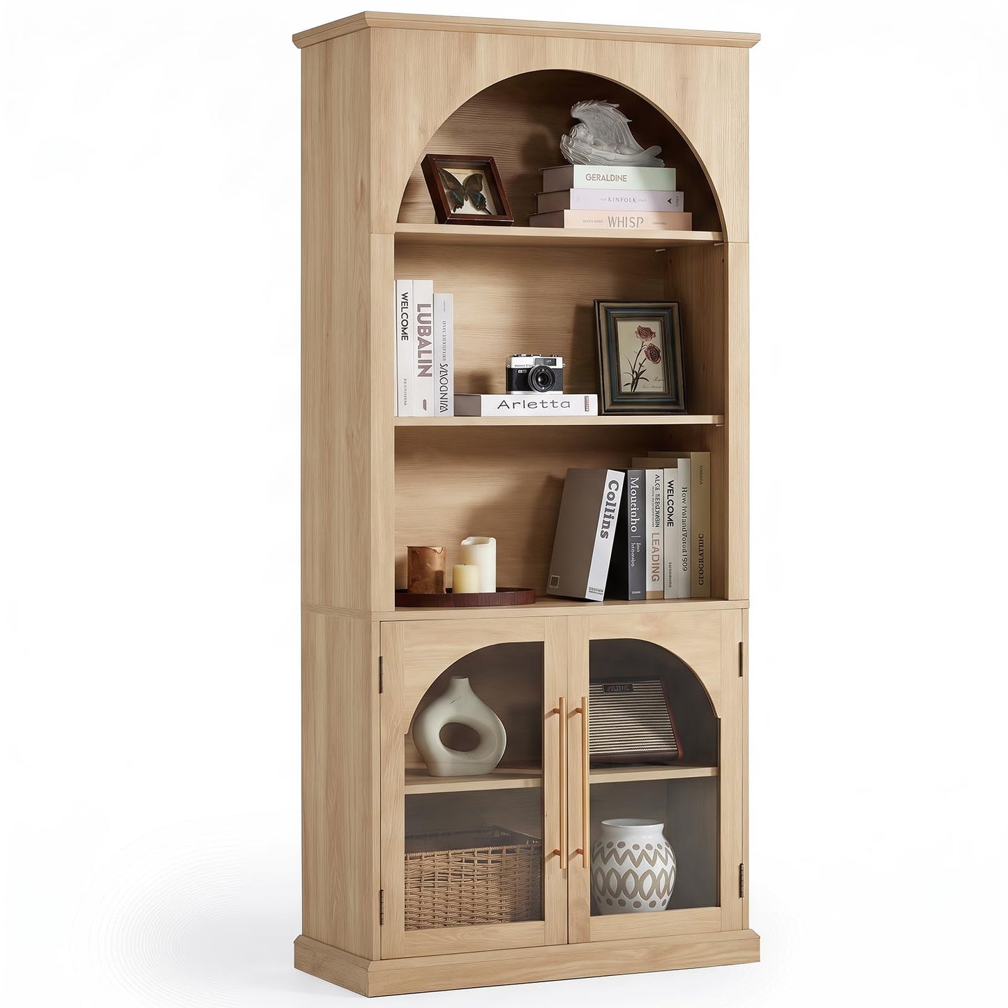 LELELINKY Arched Bookshelf with Tempered Glass Doors, 67" Tall Bookcase