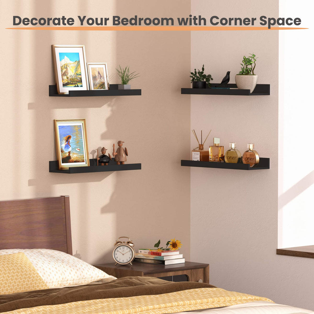upsimples Floating Shelves for Wall Decor and Storage, Black, 6Pcs 15.7''
