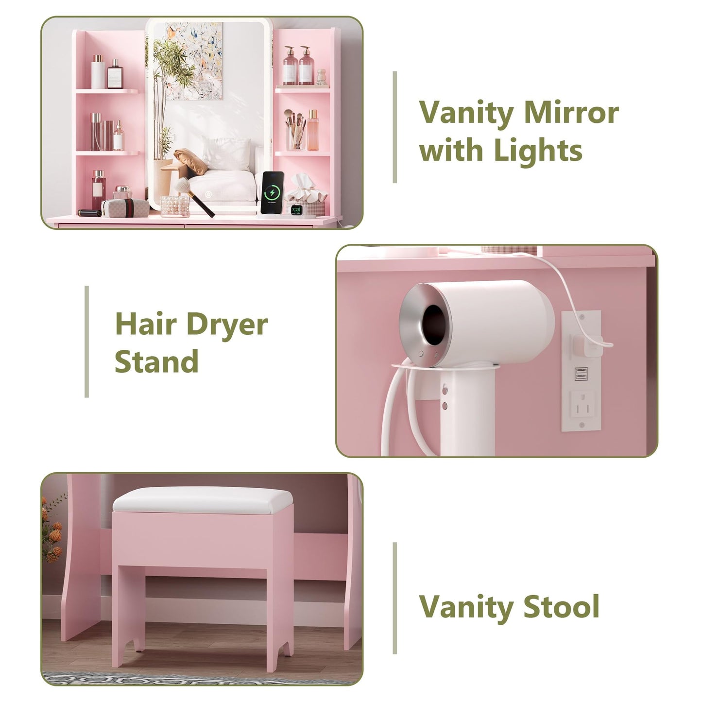Small Vanity Desk with Mirror and Lights, Makeup Vanity with LED Lights, Pink Vanity Mirror with Lighted Desk and Chair, 3 Lighting Adjustable Compact Dressing Table with Mirror for Women, Girls