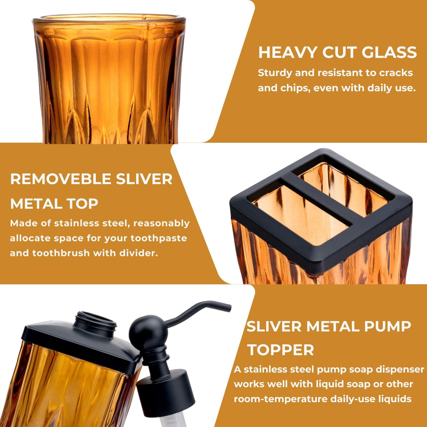 ZIVQEXMURL Amber Bathroom Accessories, Square Thick Glass & Zinc Alloy Pump