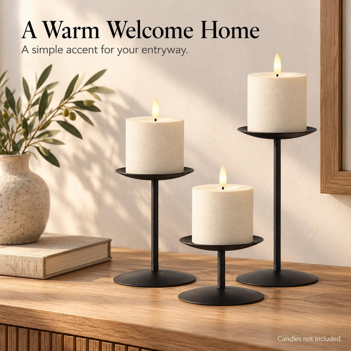 Smtyle Halloween Black Pillar Candle Holders Reversible Set of 3