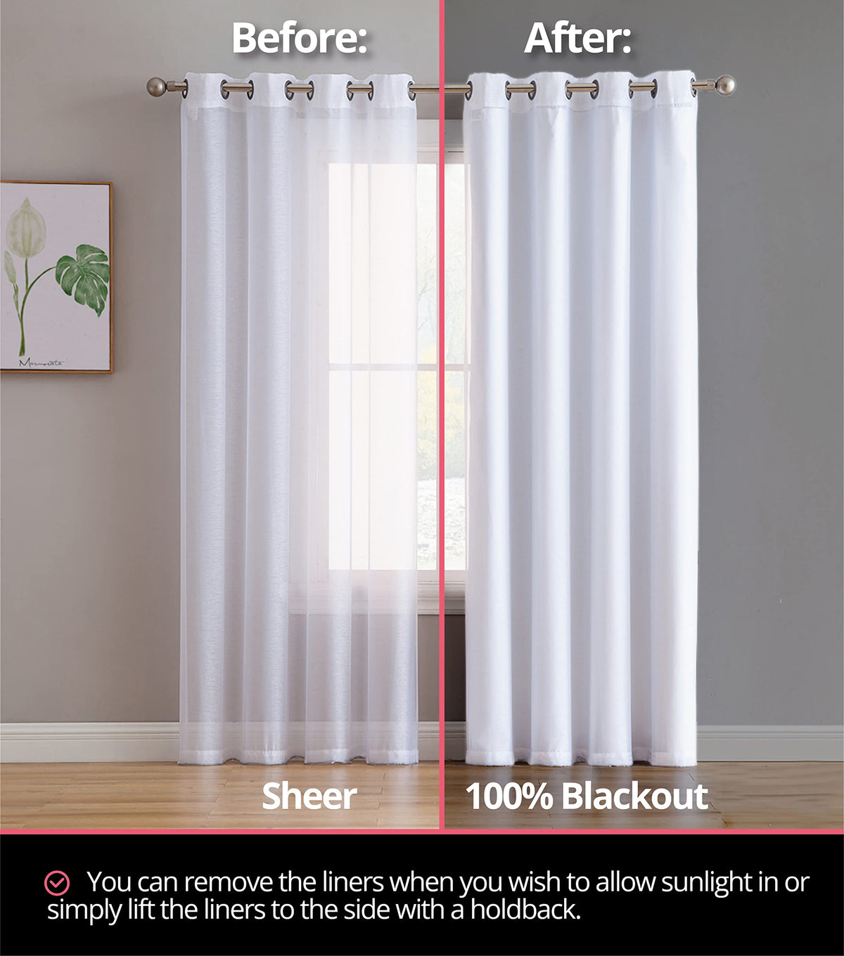 HLC.ME White Thermal Insulated 100% Blackout Curtain Liner for 84 inch Window Panels - Complete Darkness & Window Privacy, Energy Efficient, Noise Reducing - Hooks Included (2 Panels, 50 W x 80 inch)