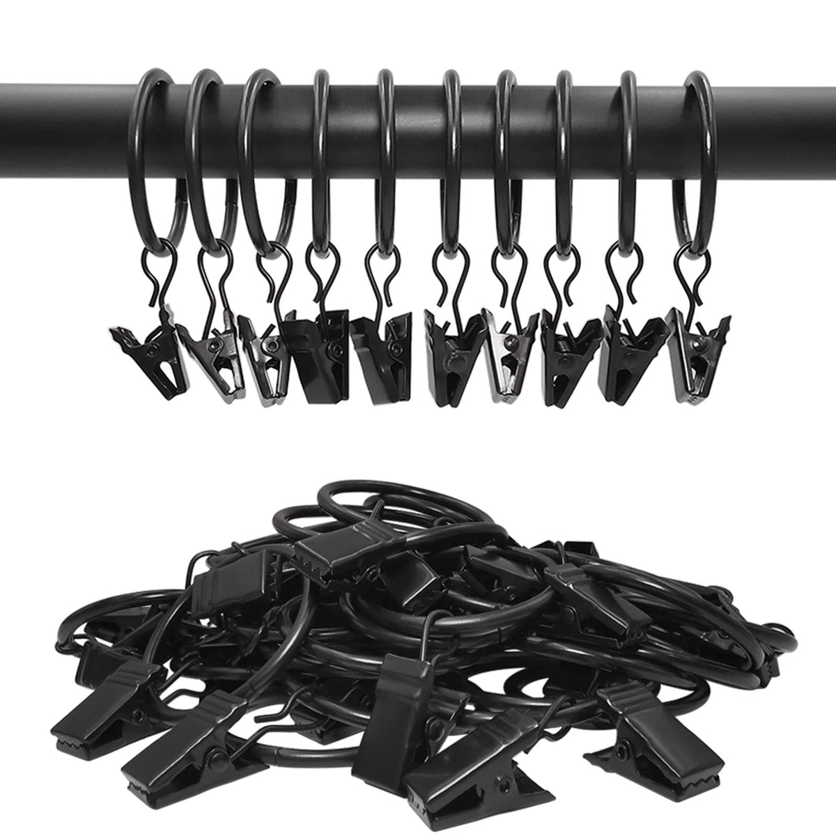 AMZSEVEN 40 Pack Metal Curtain Rings with Clips, 1.26 in ID, Black