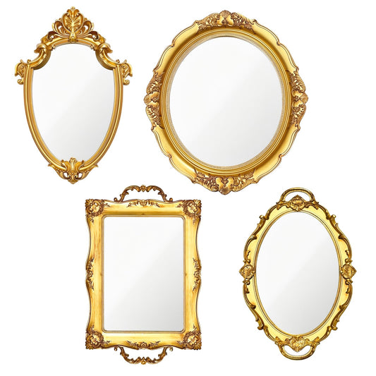 4 PCS Vintage Gold Mirror Set Vintage Mirrors for Wall Antique Shield Shape Square Oval Decorative Mirror Jewelry Dresser Organizer Tray for Living Room Bedroom Wedding Desktop Photography Decoration