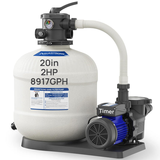 AQUASTRONG 20in Sand Filter Pump for Above Ground Pool with Timer, 2 HP, 8917 GPH Pool Pumps Above Ground for Pools Up to 38000 GAL, Pool Filter With 6-Way Valve, Improved Circulation and Filtration