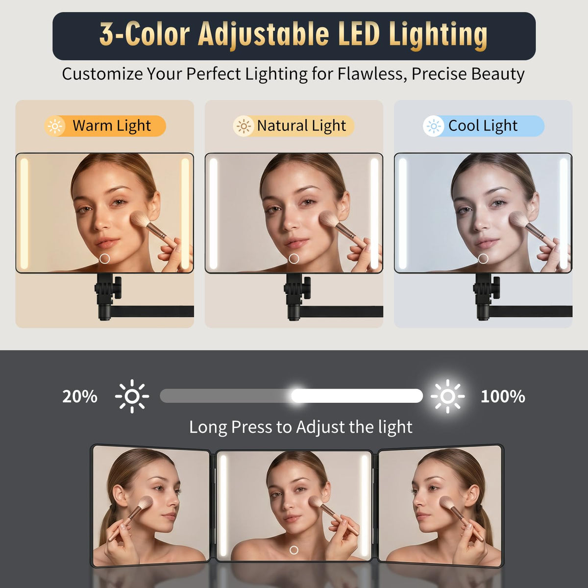 Wall Mounted LED 3 Way Haircut Mirror with Swing Arm, 360° Self Cut View