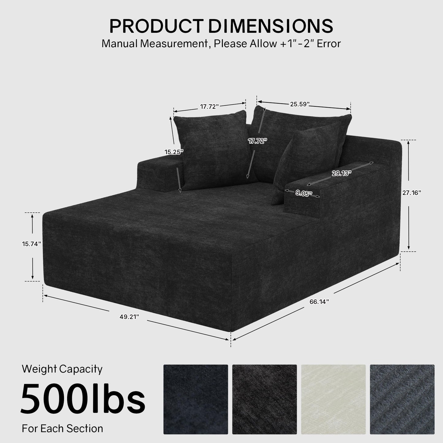 66" Chaise Lounge Chair Indoor, Oversized Boneless Lounge Chair with 3 Pillows, Chenille Cloud Reading Chair for Living Room Bedroom, Deep Seat Sleeper Couch, No Assembly Required