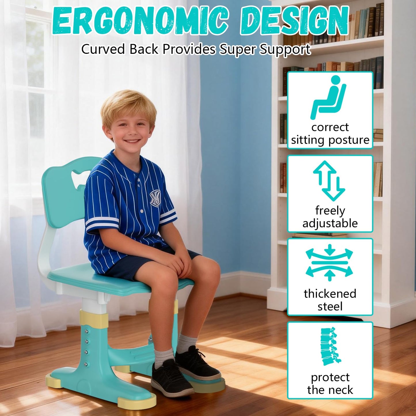 Kids Study Desk and Chair Set - Height Adjustable Study Writing Table with Bookstand and Storage Drawer, Child School Study Writing Table Ergonomic Widened Desktop Art Desk for Boy & Girl (Cyan)