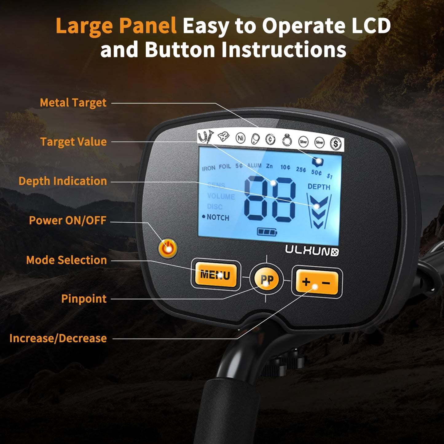 ULHUND Upgraded Metal Detector for Adults Professional - High Accuracy Gold Finder with DSP Chip & 10" IP68 Waterproof Search Coil, 12" Deep Detection and 60" Adjustable Length for Beach & Yard