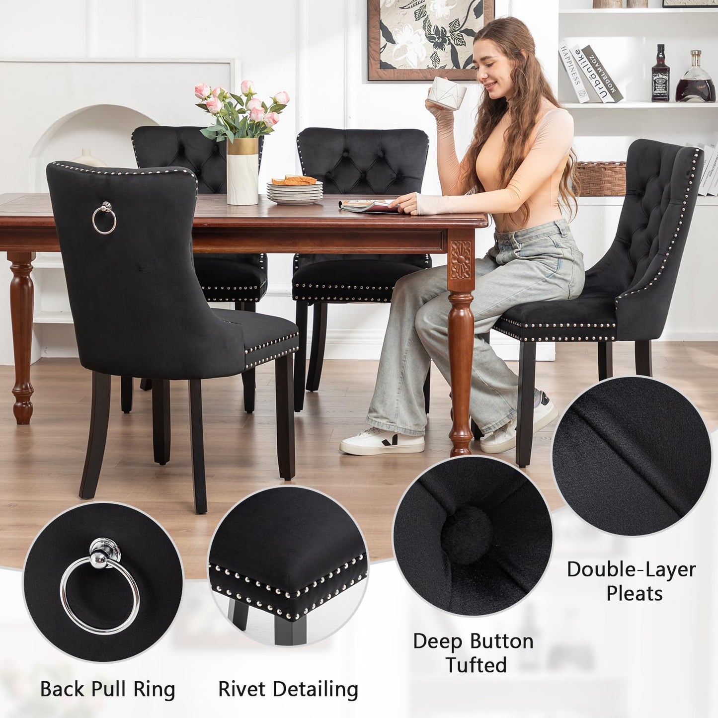 Eifizek Velvet Dining Chairs Set of 4, Upholstered Dining Room Chairs with Nailhead Ring Pull Trim, Button Tufted Dinning Chairs for Dining with Solid Wood Legs for Kitchen Dining Room(Black)