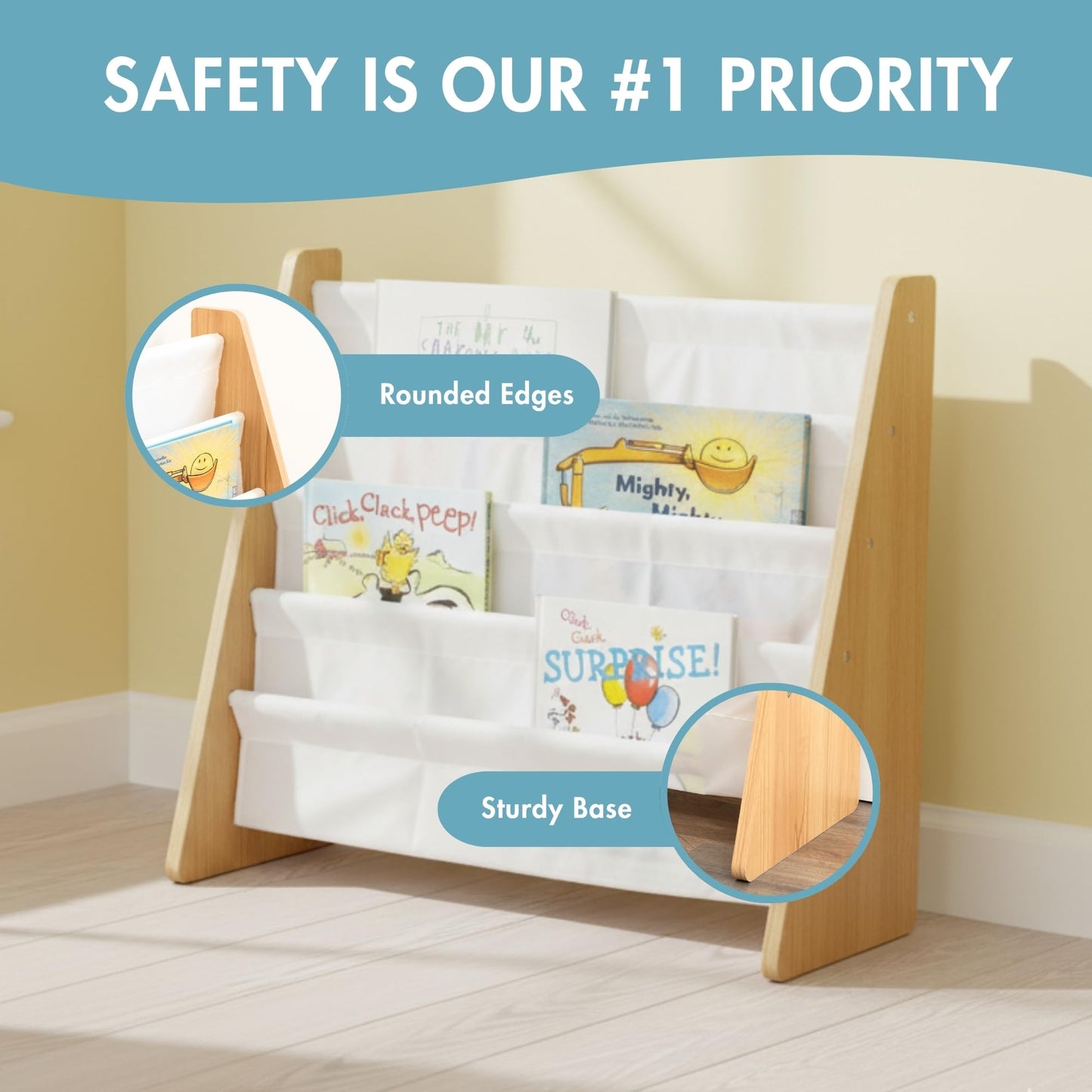 Humble Crew Kids Bookshelf, 4-Tier Front-Facing Book Display Organizer, Montessori Toddler Bookcase for Playroom, Bedroom & Reading Corner, Natural Wood/White