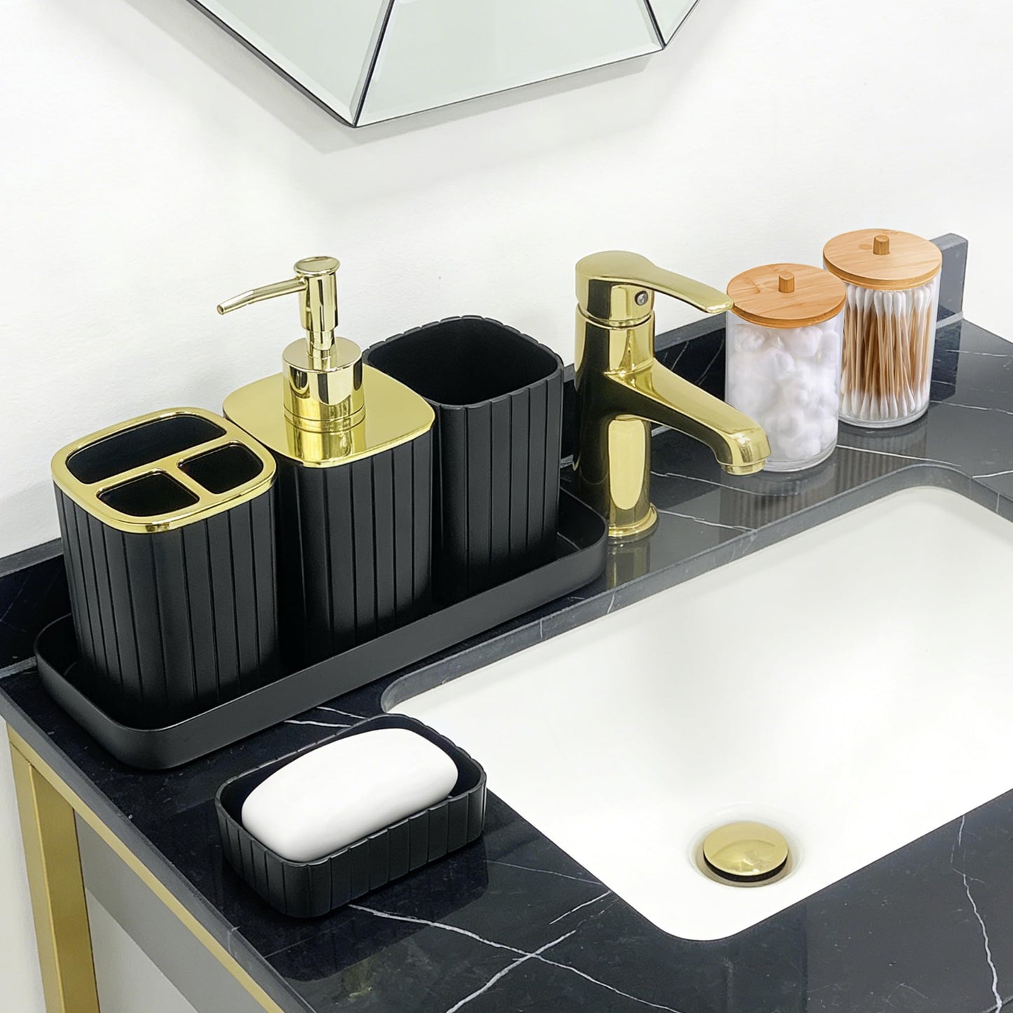 Bathroom Accessories Set-9PC Set with Toilet Brush, Trash Can, Soap Dispenser, Q-Tip Holder | Modern Home Bath Essentials (Black, Bath Set)