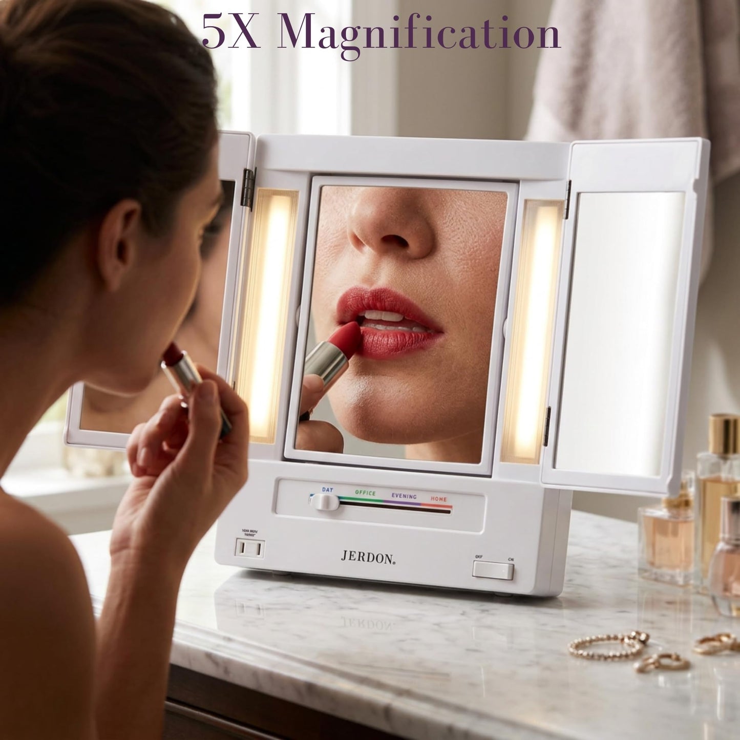 JERDON Tri-Fold Two-Sided Makeup Mirror with Lights - Vanity Mirror with 5X Magnification & Multiple Light Settings - White Base - Model JGL9W