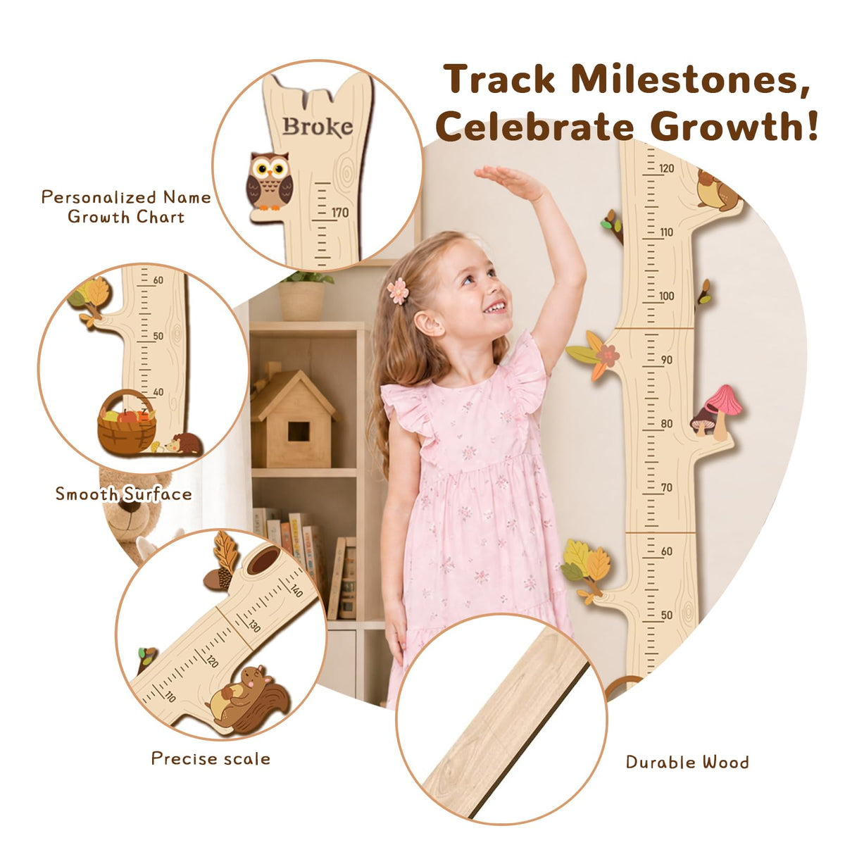 Personalized Name Wood Growth Chart for Wall, Height Chart for Kids Style 9