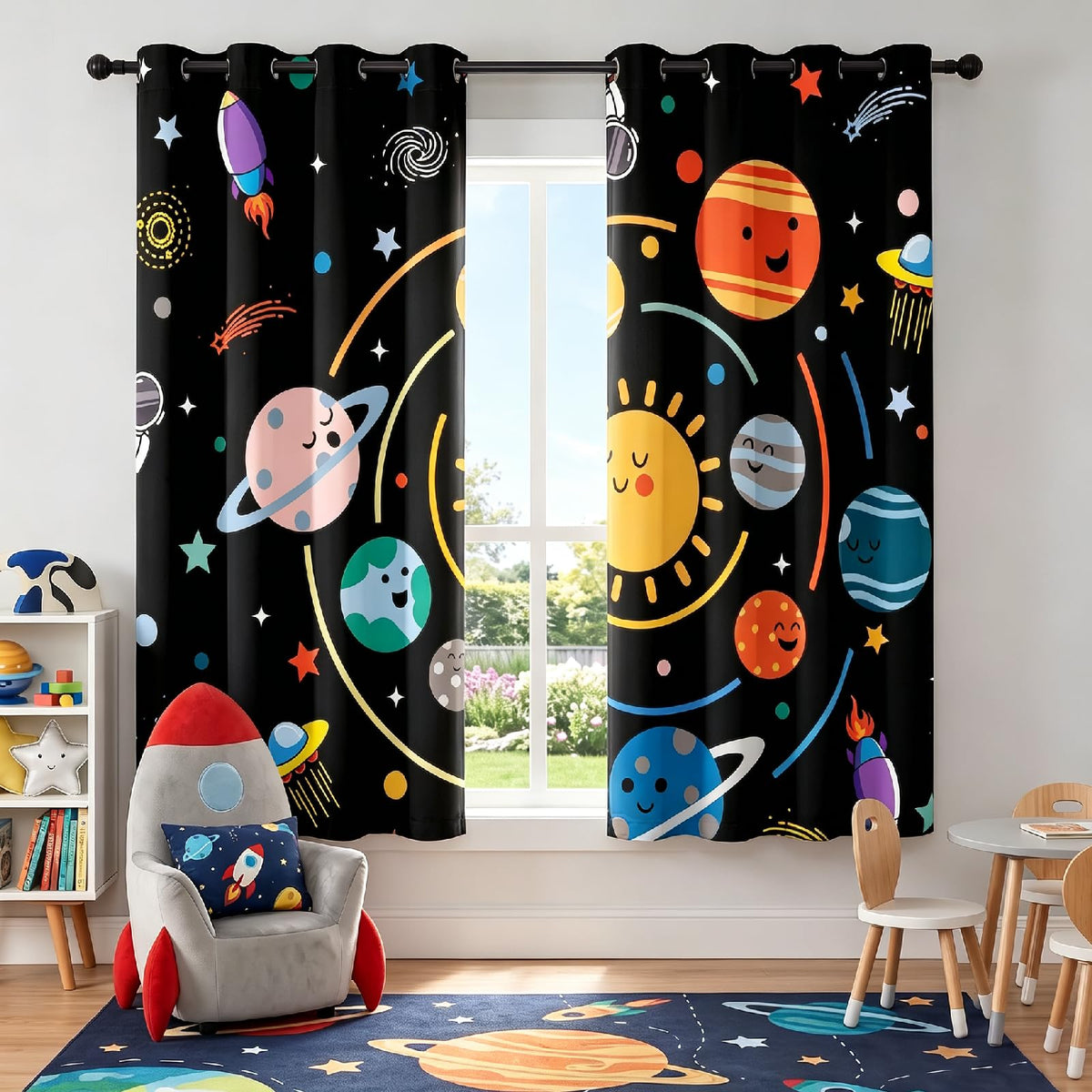 ANGELWARDROBE Space Curtains, 90% Solar System Orbit Space Blackout Curtain Astronaut Rocket Planet Window Drapes Universe Orbit for Boys Teens Bedroom Playroom, 2 Panels Set, 42" W x 63" L