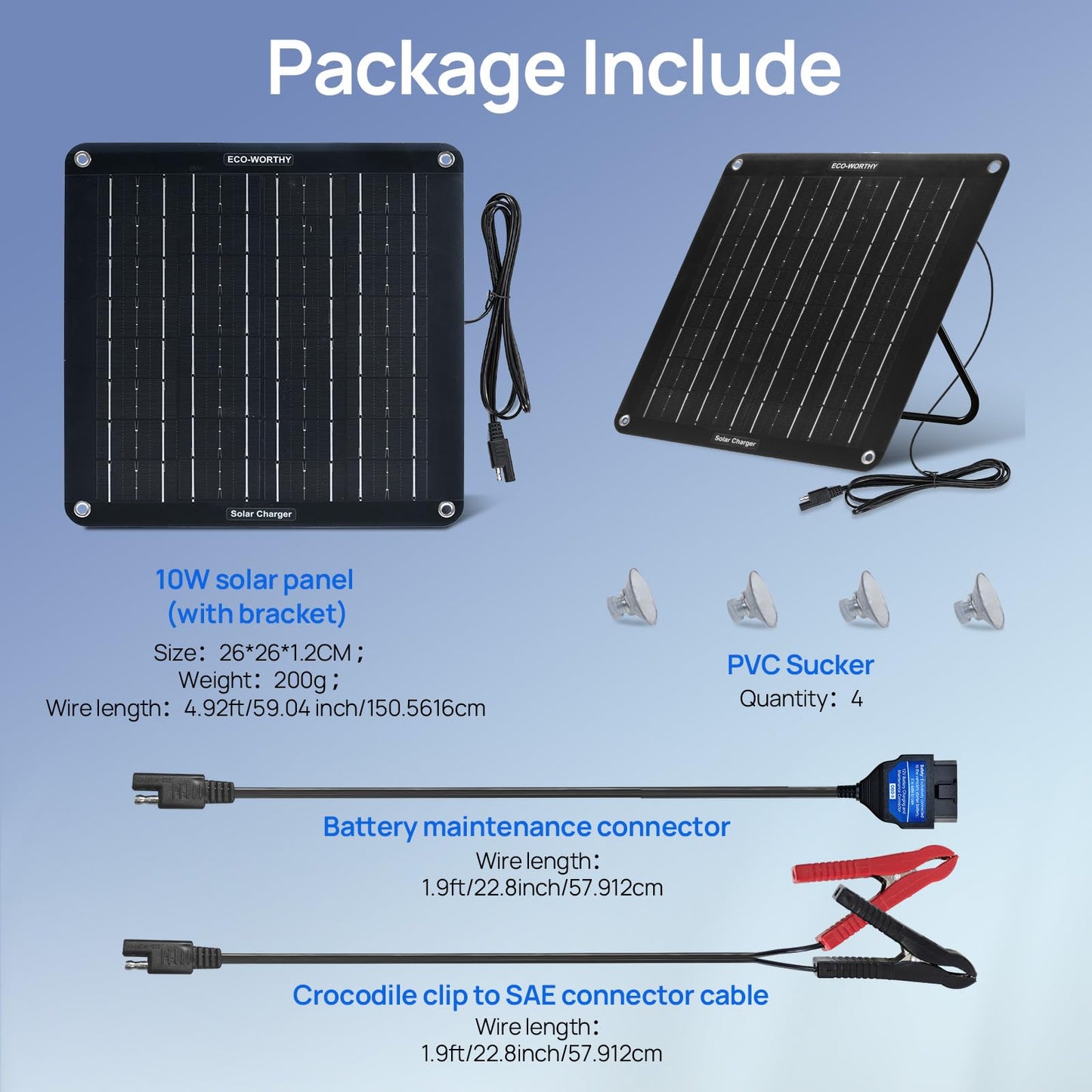 ECO-WORTHY Upgraded OBDII 10W Solar Battery Trickle Charger Maintainer-12V Waterproof Solar Panel Trickle Charger Kit with Portable Stand for Car Truck Boat Mower RV Trailer ATV Marine Battery