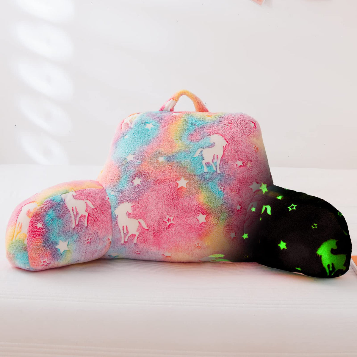 Aimuan Reading Pillow Glow in The Dark Bed Rest Wedge Kids Glow Backrest Pillow Unicorn Print with Arms Back Support for Sitting Up in Bed Cushion, Rainbow