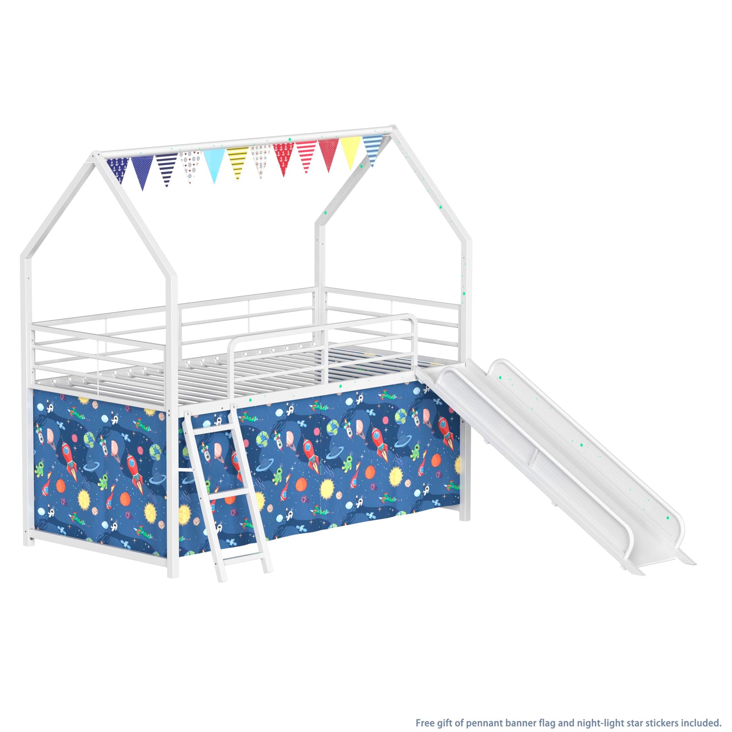 Metal Junior House Twin Loft Bed with Slide and Curtain Set and Pennant Banner Flag and Star Stickers, White with Blue