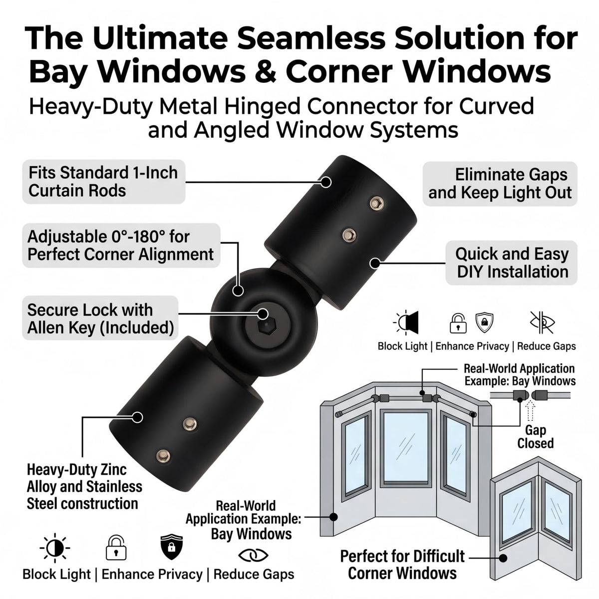 Heavy Duty Adjustable Corner Curtain Rod Connector, 2 Pack Black Metal Hinged Elbow Connector for 1 Inch Bay Window Curtain Rods & Blinds