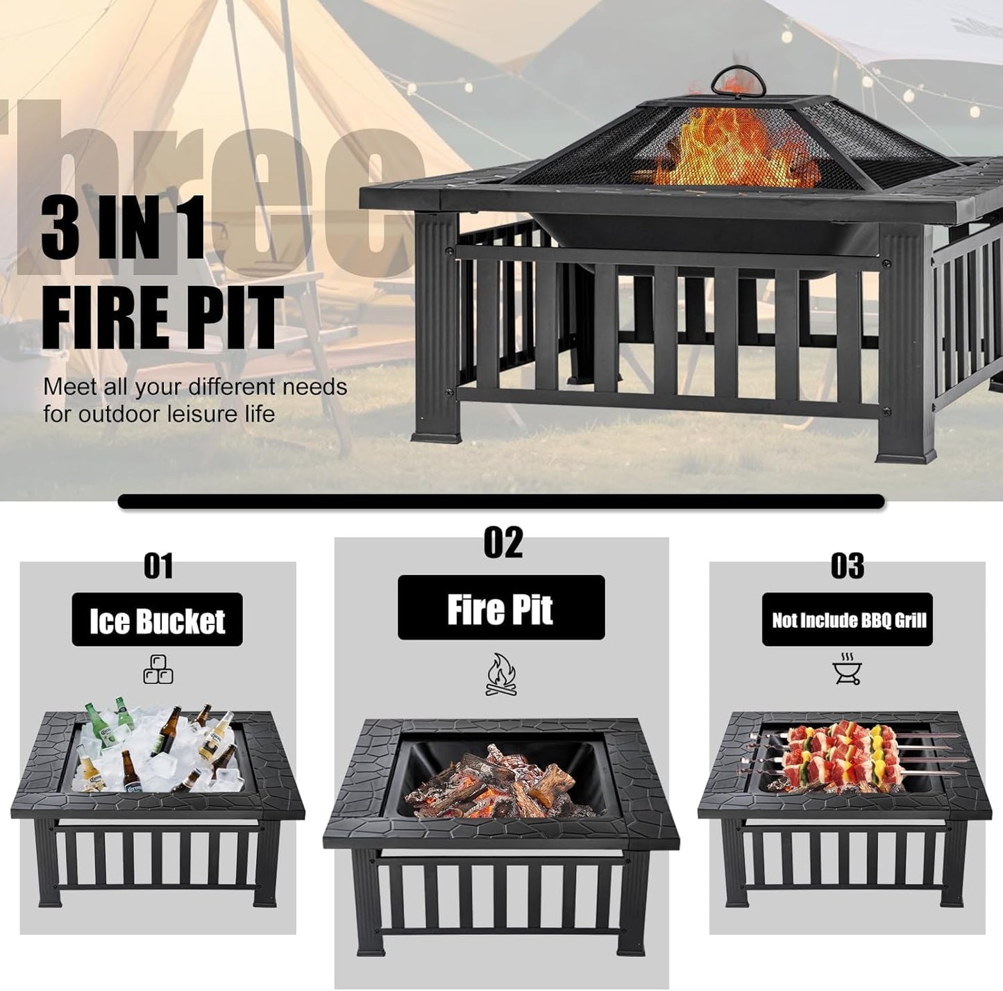 Panovue Fire Pit Table 32 Inch Square Metal Stove for Patio, Backyard, Garden | Multifunctional Outdoor Fireplace for Camping, Heating, Bonfire & Picnic