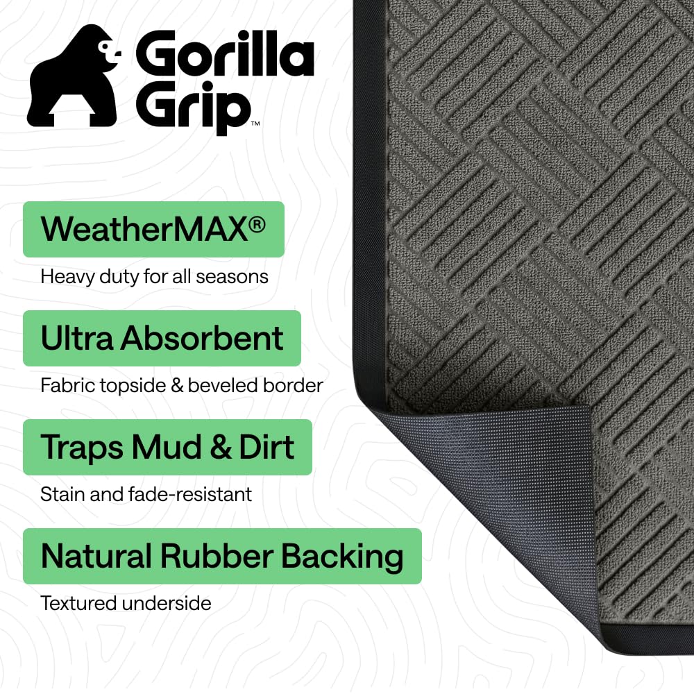 GORILLA GRIP WeatherMAX Door Mat, Indoor Outdoor Use, 29x17 Gray Diamond