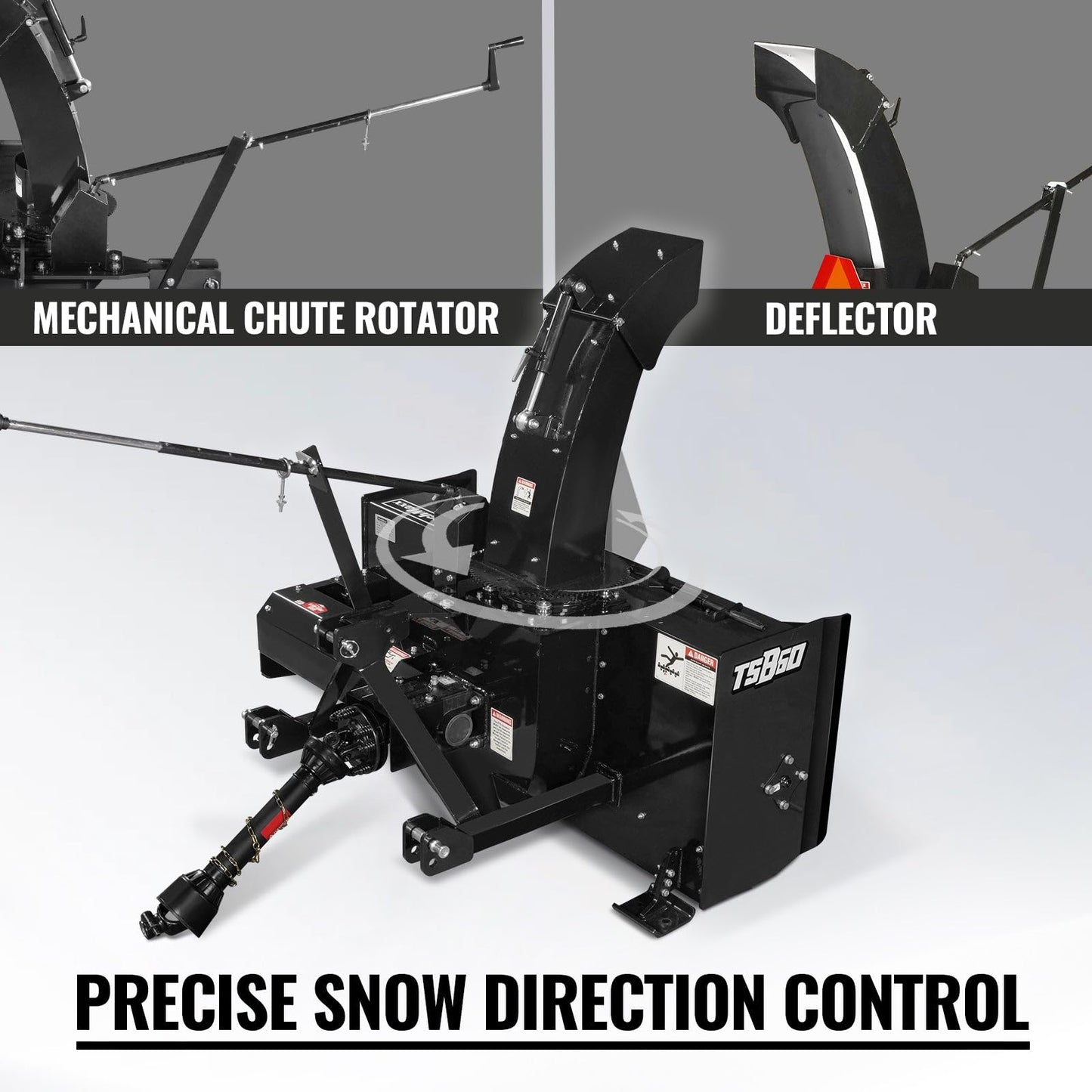 MechMaxx 60" 3 Point PTO Snow Blower 24" Impeller Diameter 360° Snow Chute (PTO Shaft Included with Slip Clutch), 25-65 HP, Model TSB60