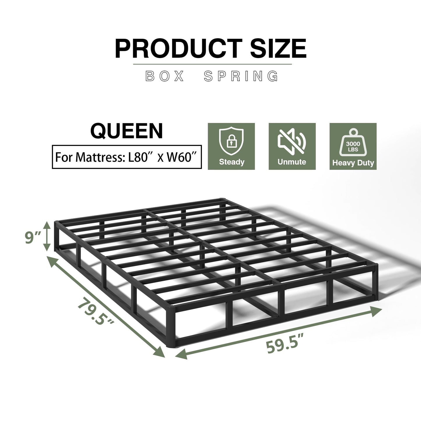 TROZULER 9 Inch Box Spring for Queen Bed, Heavy Duty Metal Mattress Foundation, 3000 lbs Capacity, High Profile, Noise-Free, Easy Assembly with Fabric Cover