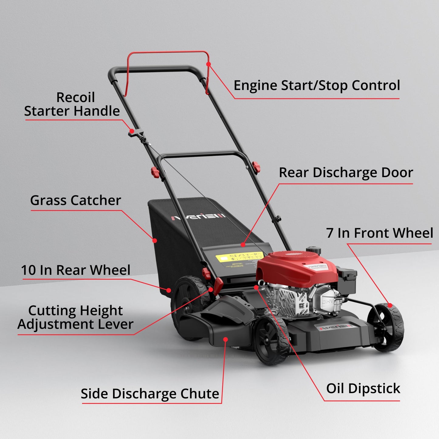 AMERISUN 21" Gas Lawn Mower, 3-in-1 Gas Push Mowers, 144cc 4-Stroke OHV Engine, 6 Height Adjustments 1.4 Bushel Grass Catcher, Lawnmower with Bagging, Mulching & Side Discharge, Efficient Steel Deck