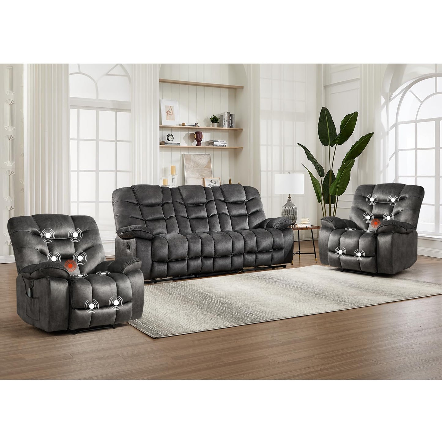HAOMARKETS 3 Pieces Recliner Sofa Furniture Set, Include 2 Power Recliner Chairs with Message&Heat and a 3-Seater Reclining Couch for Living Room, Grey