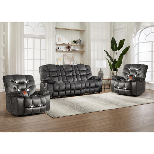 HAOMARKETS 3 Pieces Recliner Sofa Furniture Set, Include 2 Power Recliner Chairs with Message&Heat and a 3-Seater Reclining Couch for Living Room, Grey
