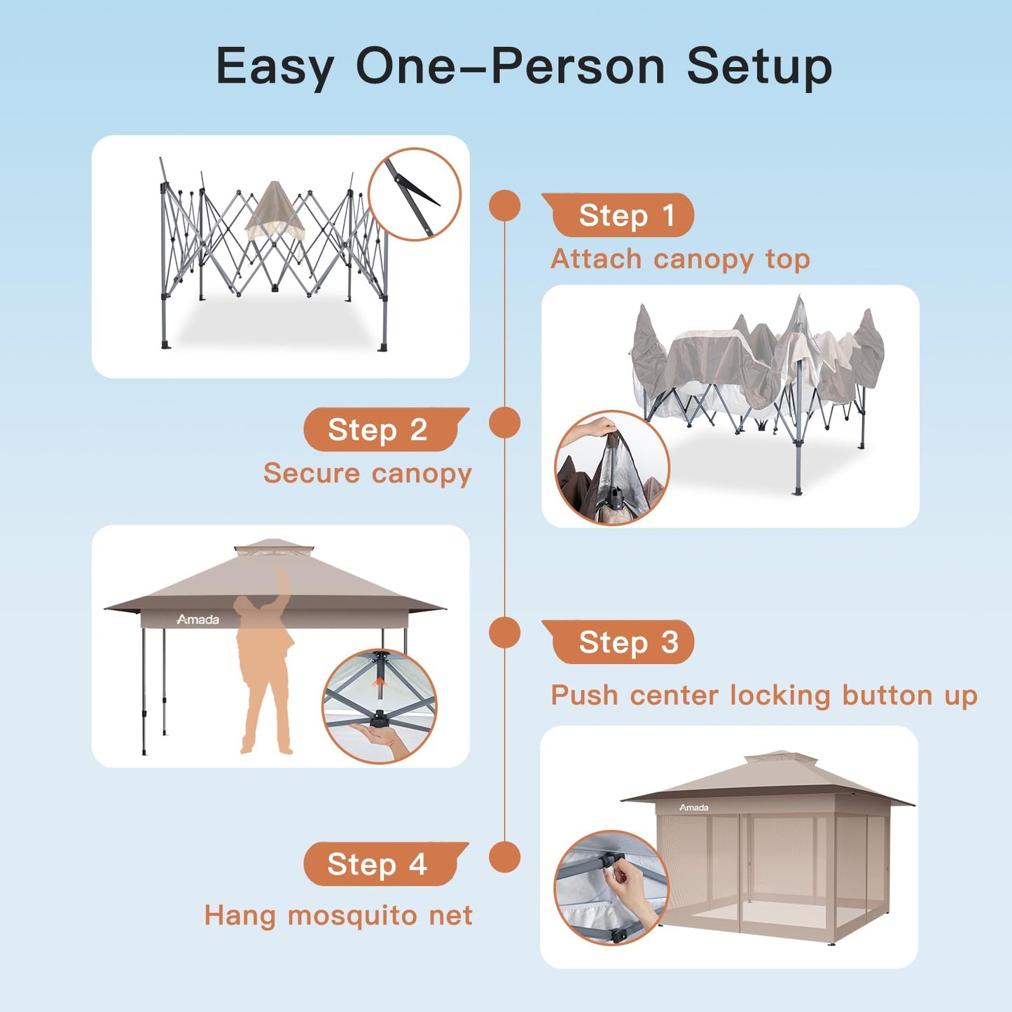 Amada 13x13 Pop Up Outdoor Gazebos on Clearance for Backyard & Patio Furniture with Wheeled STO-N-Go Cover Bag, Carpa Pop Up Tent with Shelter Mosquito for Patio, Lawn, Garden(13×13ft, Khaki)