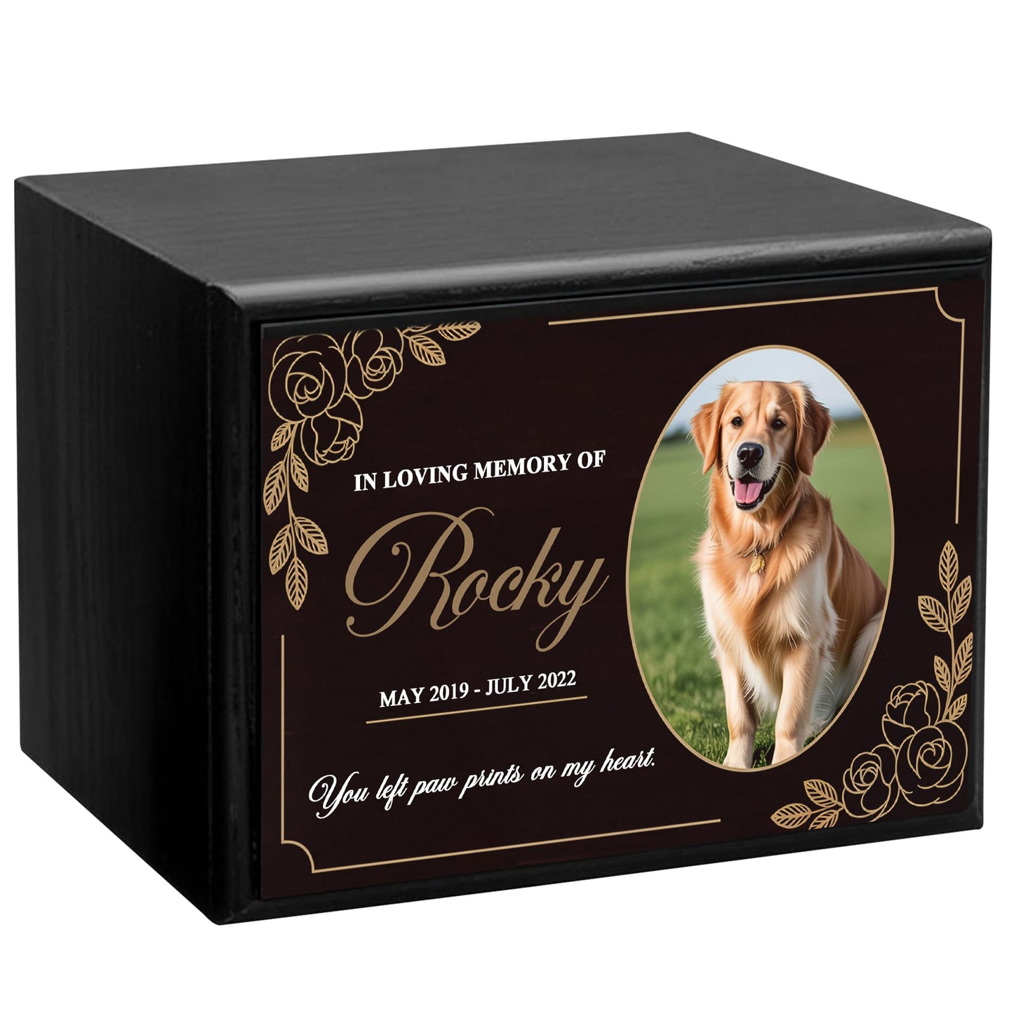 Personalized Wooden Urns for Dog Ashes - Custom Cremation Urn for Dogs up to 170 lbs - Add Your Pet Photo and Text - Custom Burial Memorial Keepsake - Black Design 6