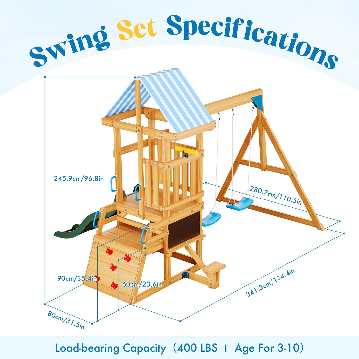 ROBOTIME Wooden Swing Set for Backyard, All-in-One Kids Outdoor Play Equipment with Swings, Slide, Climbing Rope Ladder, Outdoor Swing Playset for Kids Ages 3-10