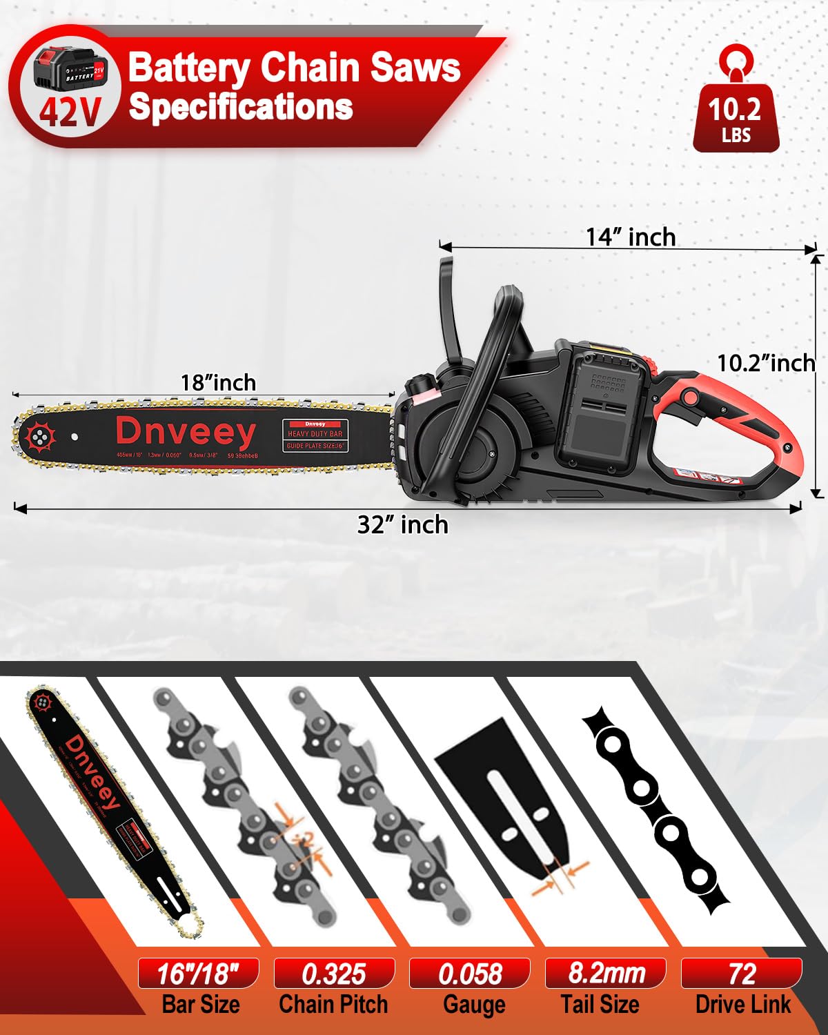 Snoonwee 2100W Battery Powered Chainsaw for Storm Cleanup, 18 and 16-Inch Interchangeable Bars, 42V Max Cordless Electric Chain Saw with Two 4.0Ah Batteries for Backyard Tree Felling (Red Black)