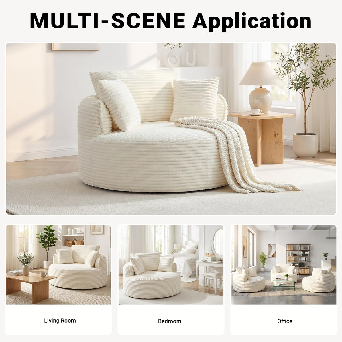 54"Round Chair Chaise Lounge Indoor, Cloud Boneless Chair w/ Side Pocket