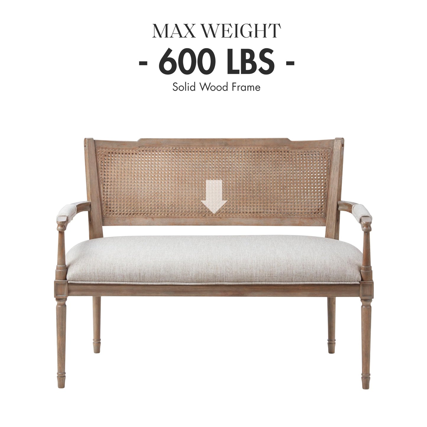 Madison Park Willshire Natural Rattan Settee, Upholstered Seat - Charming Country Design, Rustic Reclaimed Wood Finish, Ratan Insert Backrest & Padded Arm Rest, 47.25" Wide Beige/Reclaimed Natural