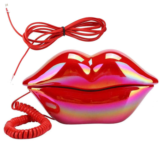 CHENJIEUS Lip Telephone, Advanced Home Telephone, Interesting Mouth Lip-Shaped Telephone, Electroplating Wire Phone Home Decoration, for Families House Phone (Electroplating red)