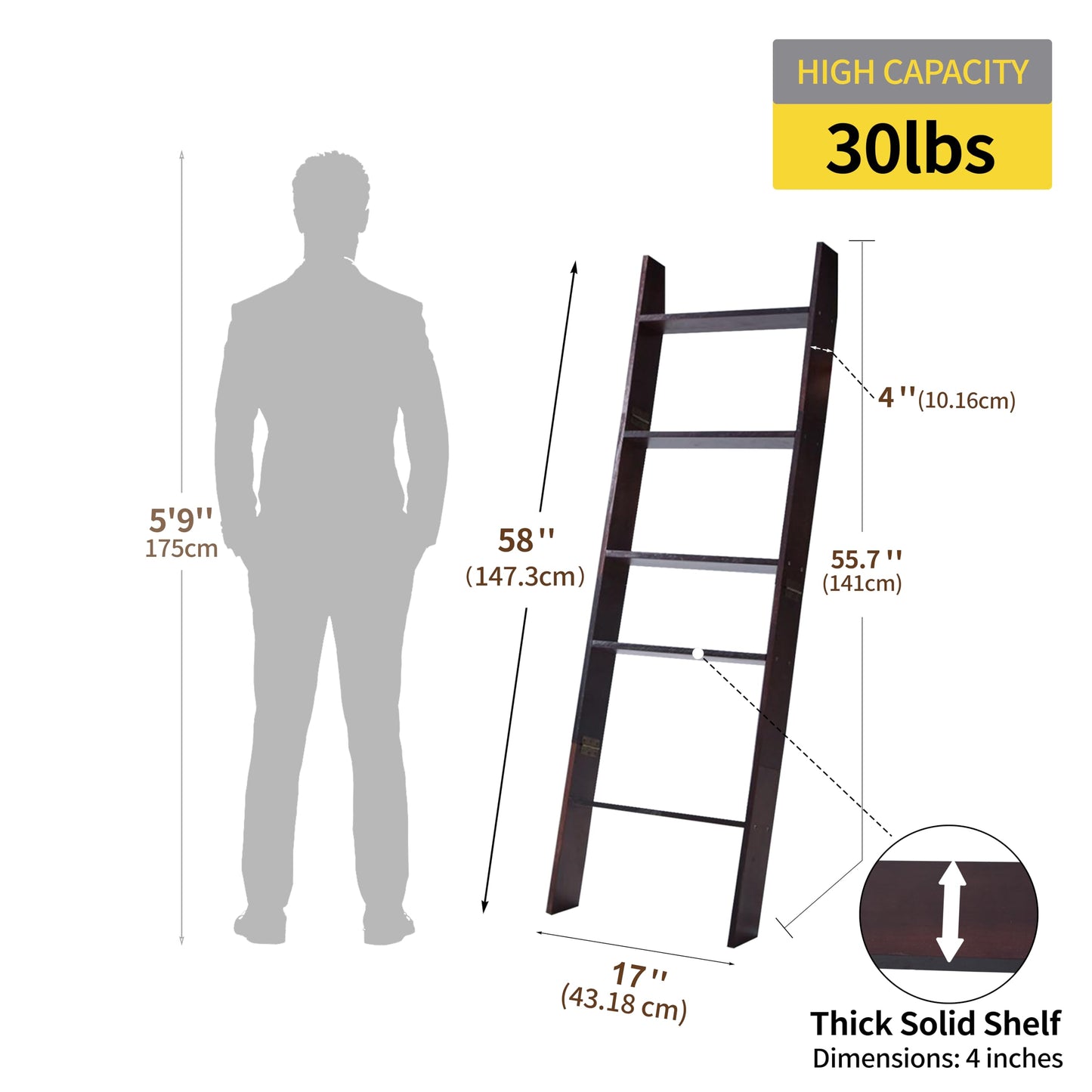 XUNIQUE 5-Tier Blanket Ladder for The Living Room, 4.8 FT Anti-Slip Decorative Ladder Shelf Leaning Quilt Rack, Lightweight, Easy Assemble, Wooden Blanket Rack (Brown)