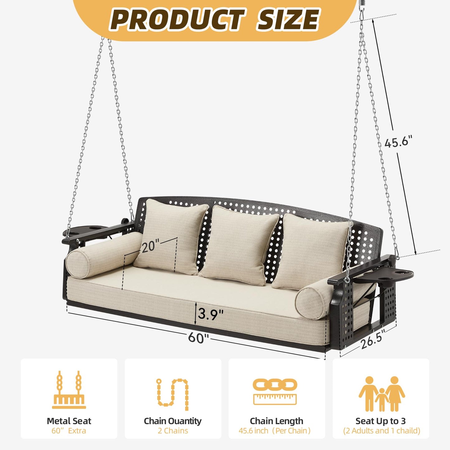 Yalissey 3 Seat Hanging Porch Swing, Patio Swing Bench with Cup Holders & 3 Back Cushions, Swing Chair with Chains for Deck Garden Backyard,Beige(60-Inch Width)