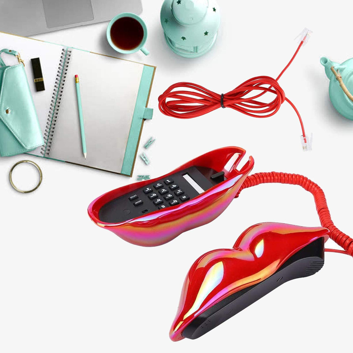 CHENJIEUS Lip Telephone, Advanced Home Telephone, Interesting Mouth Lip-Shaped Telephone, Electroplating Wire Phone Home Decoration, for Families House Phone (Electroplating red)