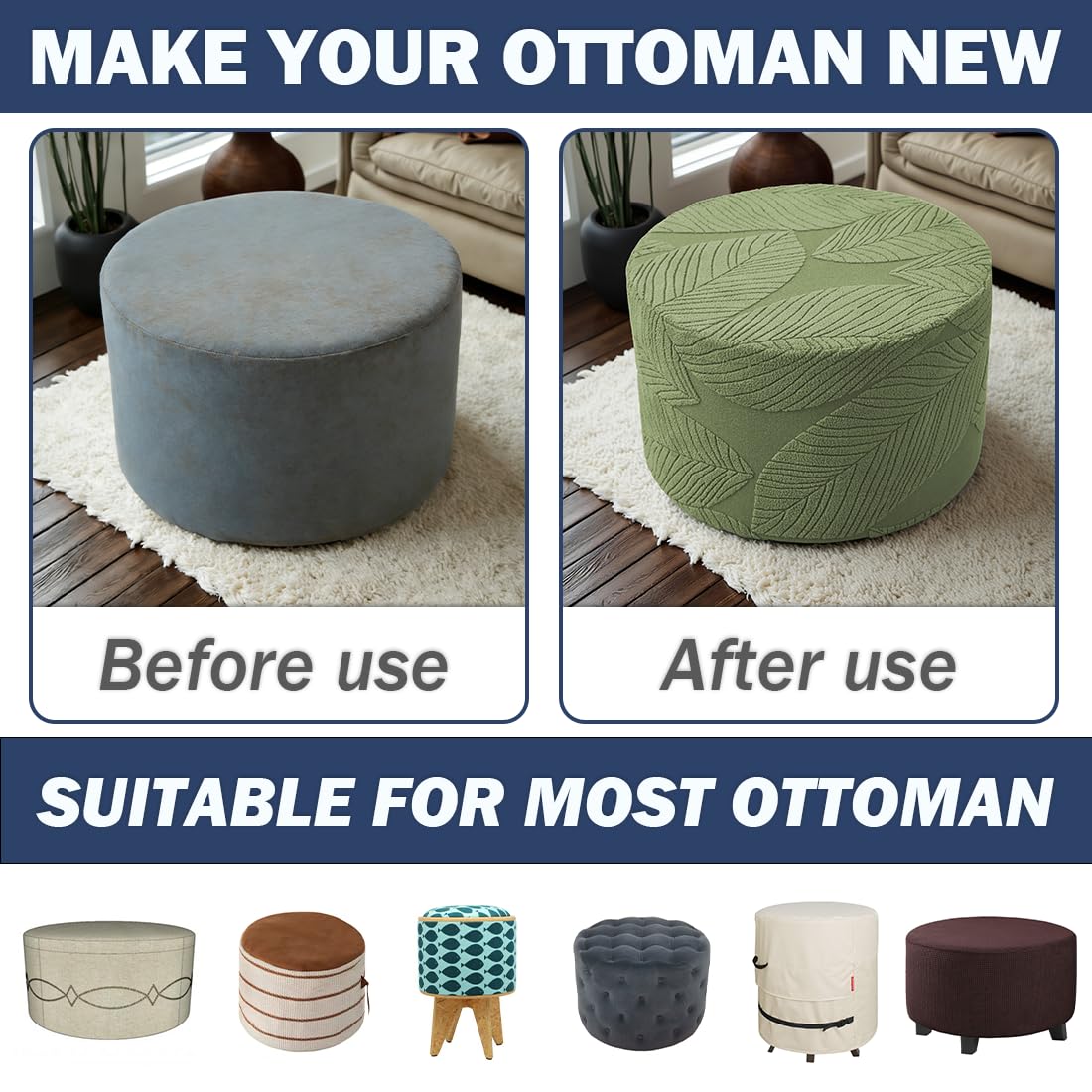 NEUORTBURG Round Ottoman Cover Stretch Round Ottoman Storage Slipcover Leaves Jacquard Folding Footrest Stool Furniture Protector Cover with Elastic Bottom for Living Room Set of 1 Olive Green