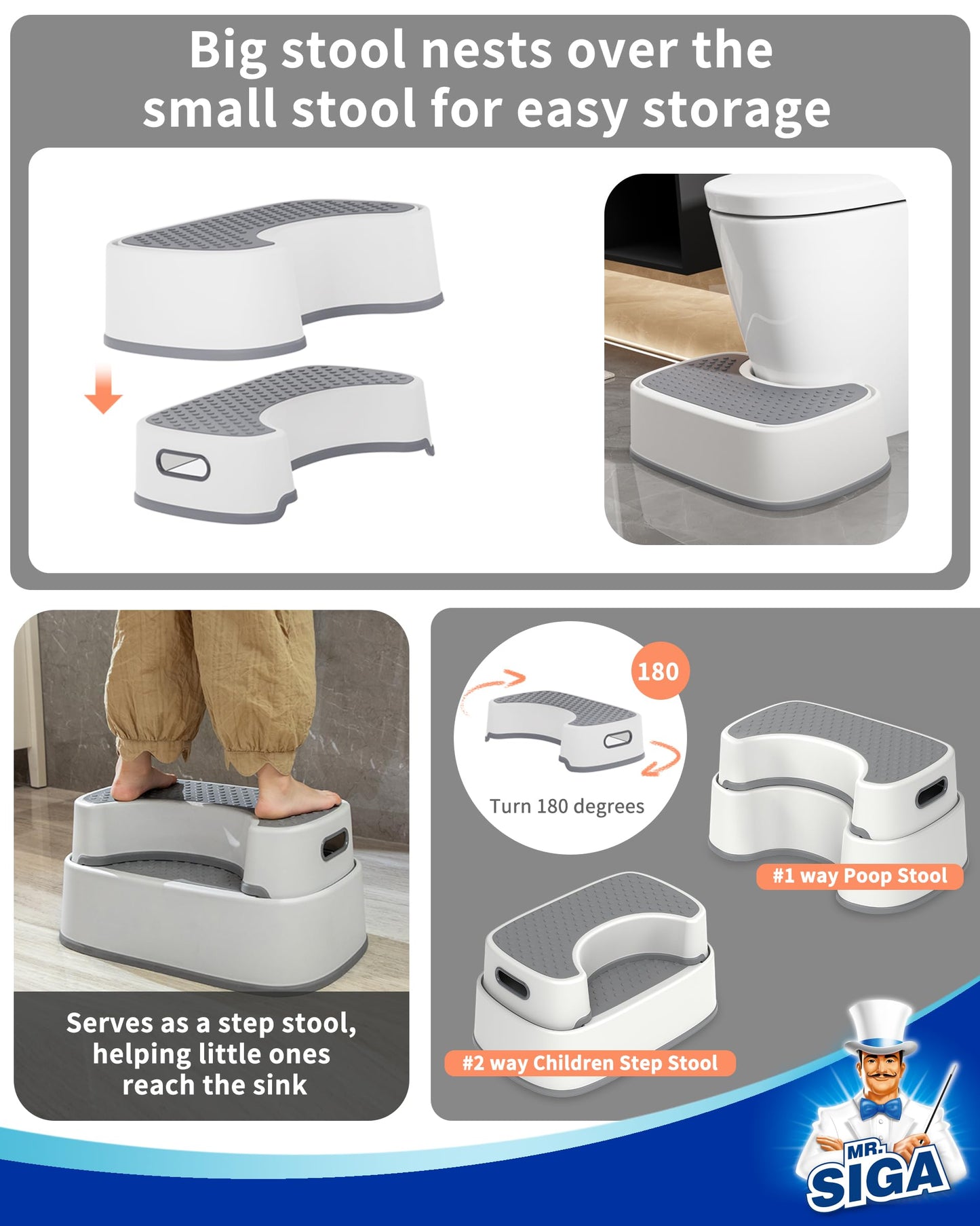 MR.SIGA Toilet Stool Squat Adult, Bathroom Stool Heavy Duty, Anti Slip Toilet Step for Bathroom, Toddler Step Stool for Kids, Off-White & Dark Gray