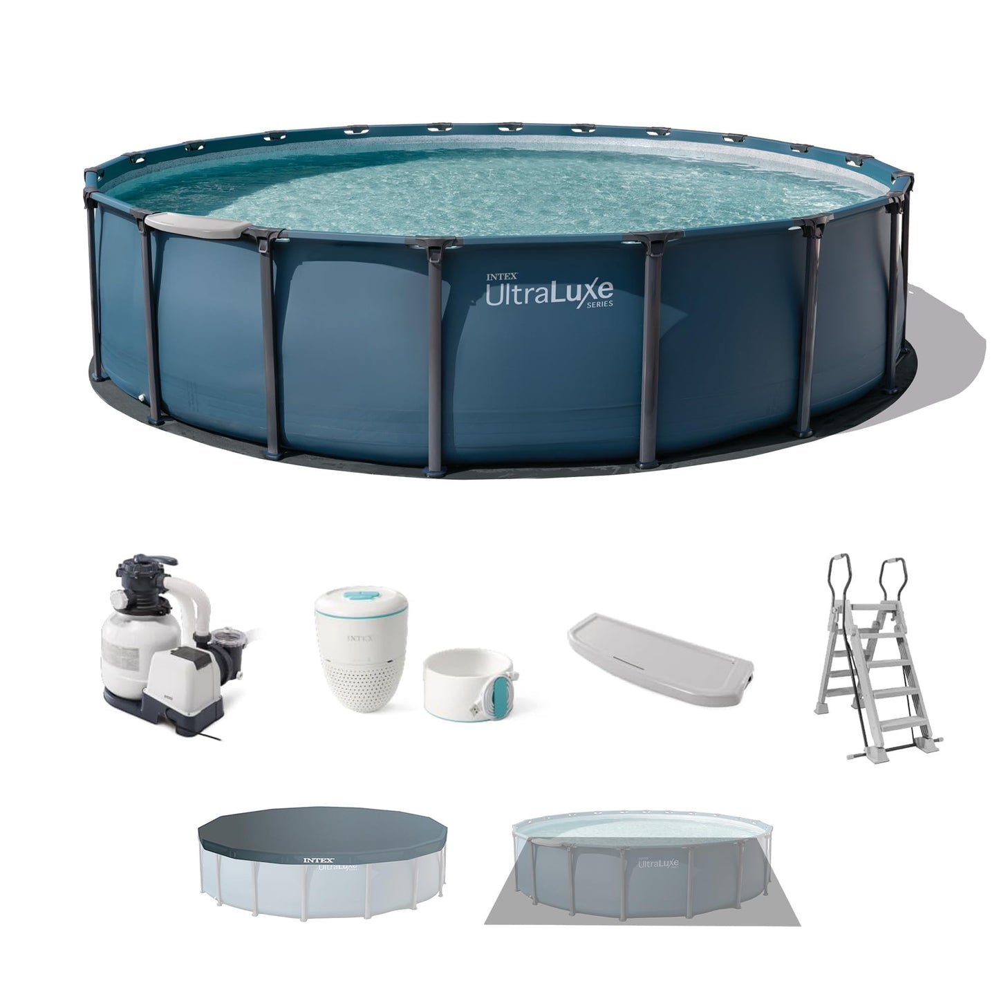 INTEX UltraLuxe 20 ft x 52 in Round Outdoor Above Ground Pool Set, Smart Wi-Fi Enabled Large Swimming Pool for Family and Adults with Sand Filter Pump, Saltwater System & Retractable Ladder