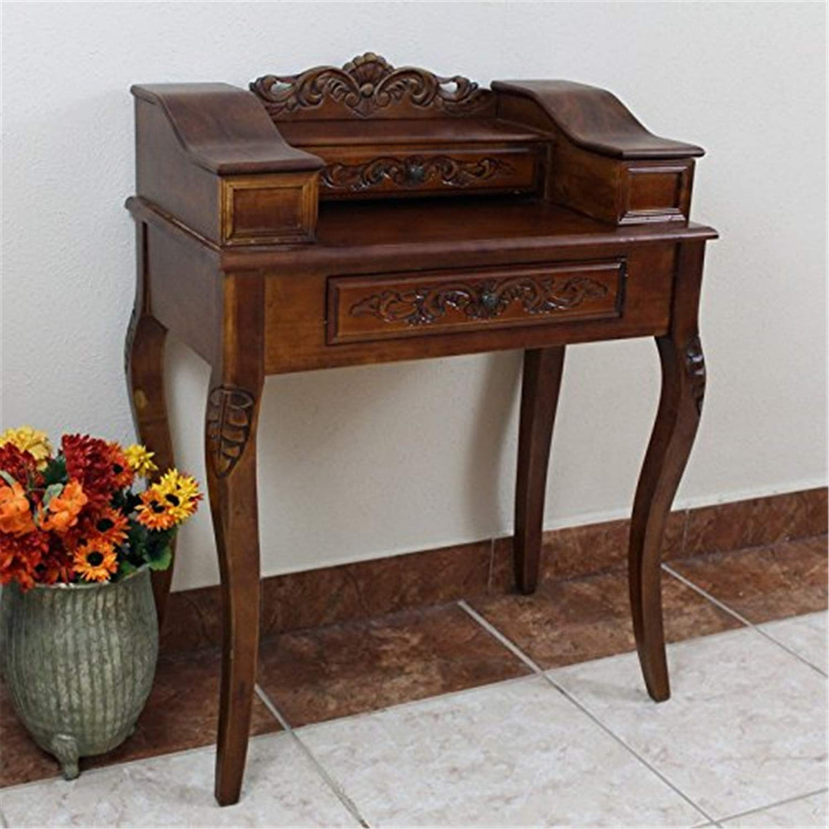 International Caravan Furniture Piece Carved Wood Two Drawer Telephone Table