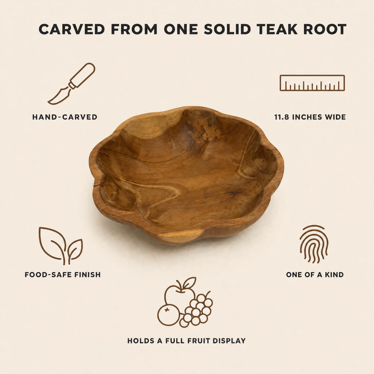 Decorative Wooden Bowl, Large Fruit Bowl for Kitchen Counter, Teak Wood