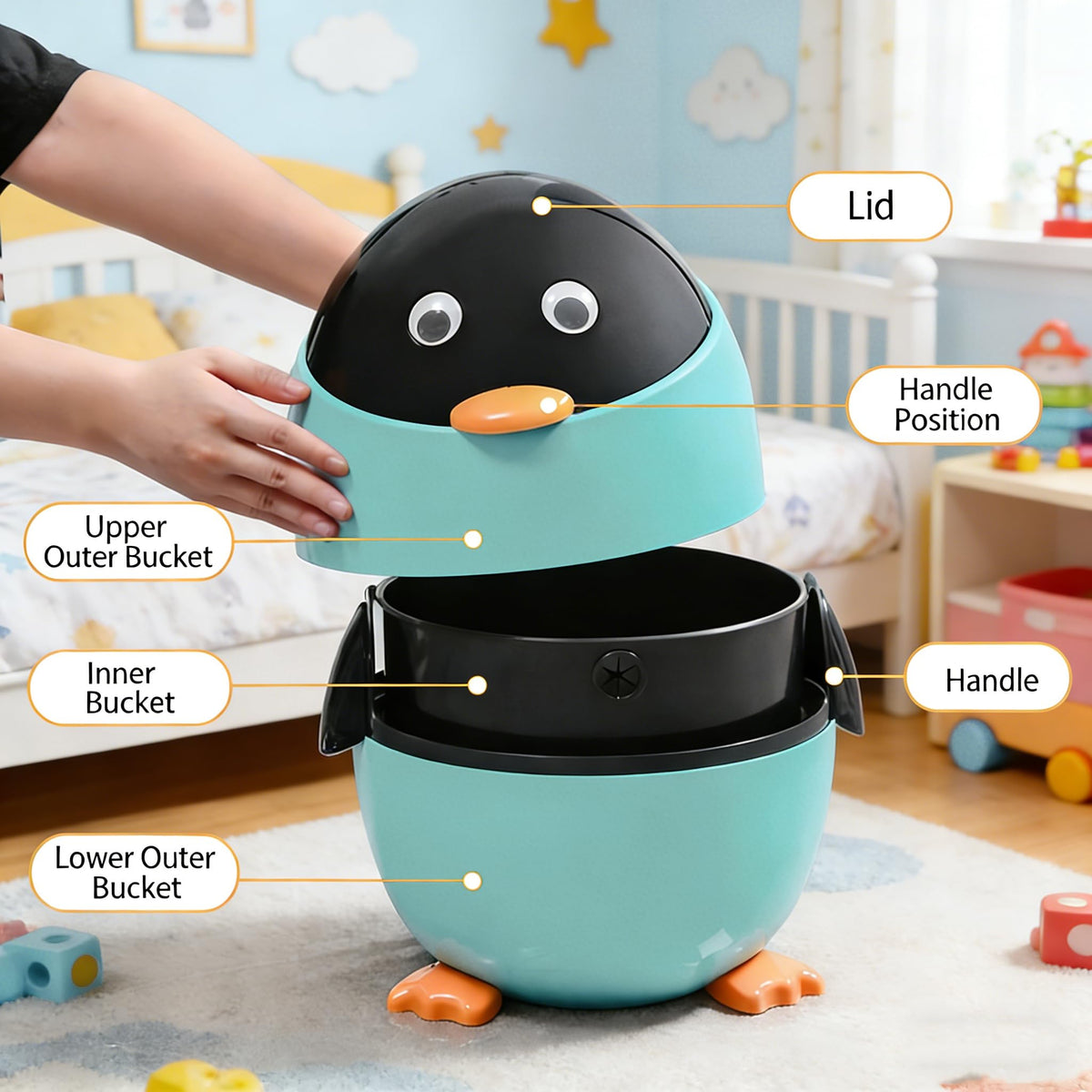 URALFA Penguin Trash Can, 3.2 Gal Kids Trash Can, Removable Inner Bucket